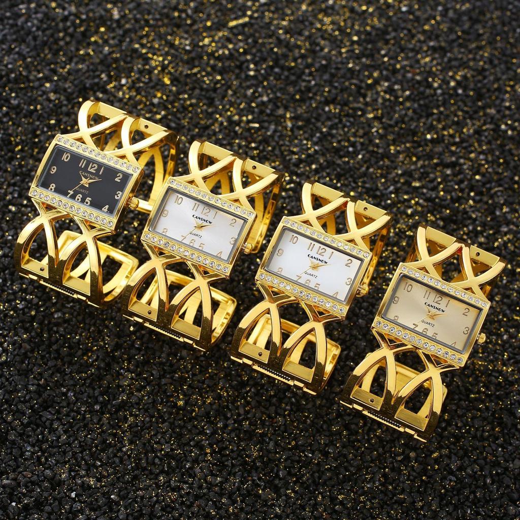 CANSNOW Rechteckige Damen-Armbanduhr Gold Silber Armreif Uhren für Damen Strass Stahlarmband Quarz Modeuhr für Damen