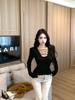 Women's Black Lace-up U-neck Long Sleeve Slim Fit Waist-cinching T-shirt, Autumn/Winter