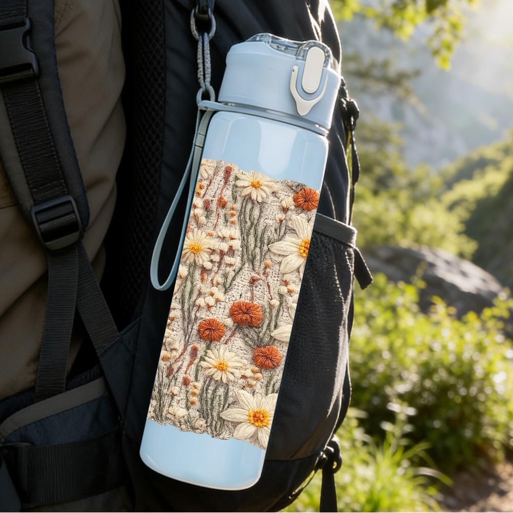 1PC Dried Daisy Beige Neutral Bouquet Print 750ml Color Plastic Sports Water Bottle Leakproof Flip Straw Lid Suitable for Sports Office Home Use