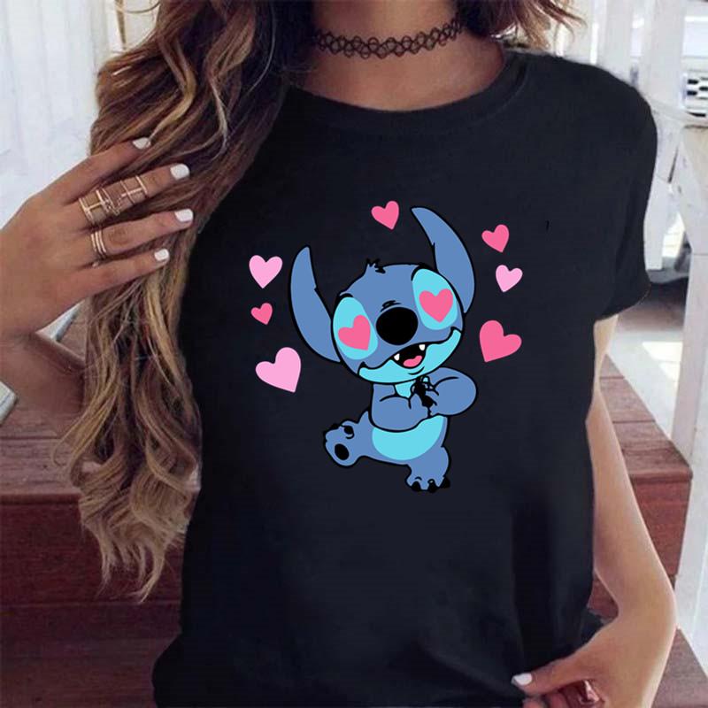 New Fashion FeUnisex Clothing Cartoon Disney Stitch Womens Tshirt Summer Short Sleeve Black Tops