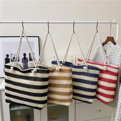 Striped Beach Tote Bag Straw Foldable Shoulder Bag Zipper Large Capacity Travel Handbag For Travel Work Beach Gym Store