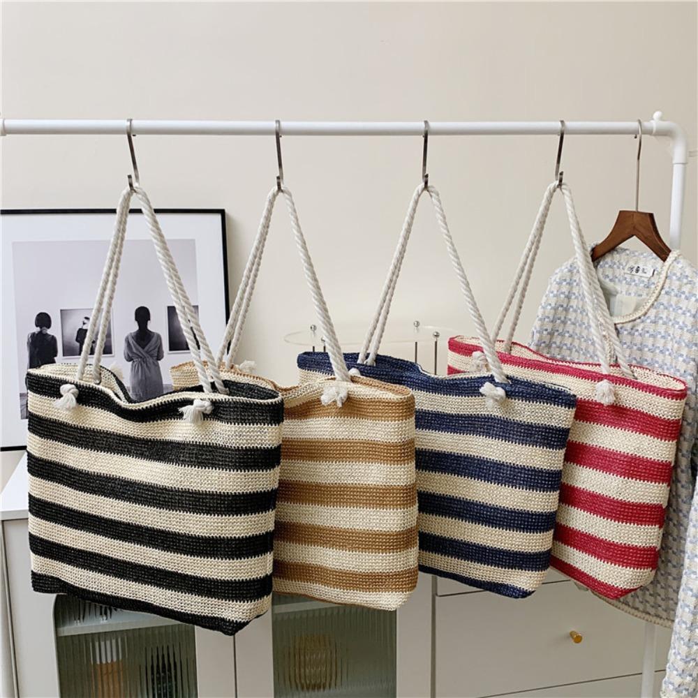 Striped Beach Tote Bag Straw Foldable Shoulder Bag Zipper Large Capacity Travel Handbag For Travel Work Beach Gym Store