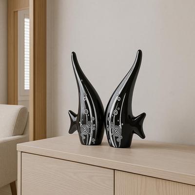 Modern Minimalist Black Bubble Fish Art Figure|Beautiful Home Decor-(Set of 2 Pc,Black)