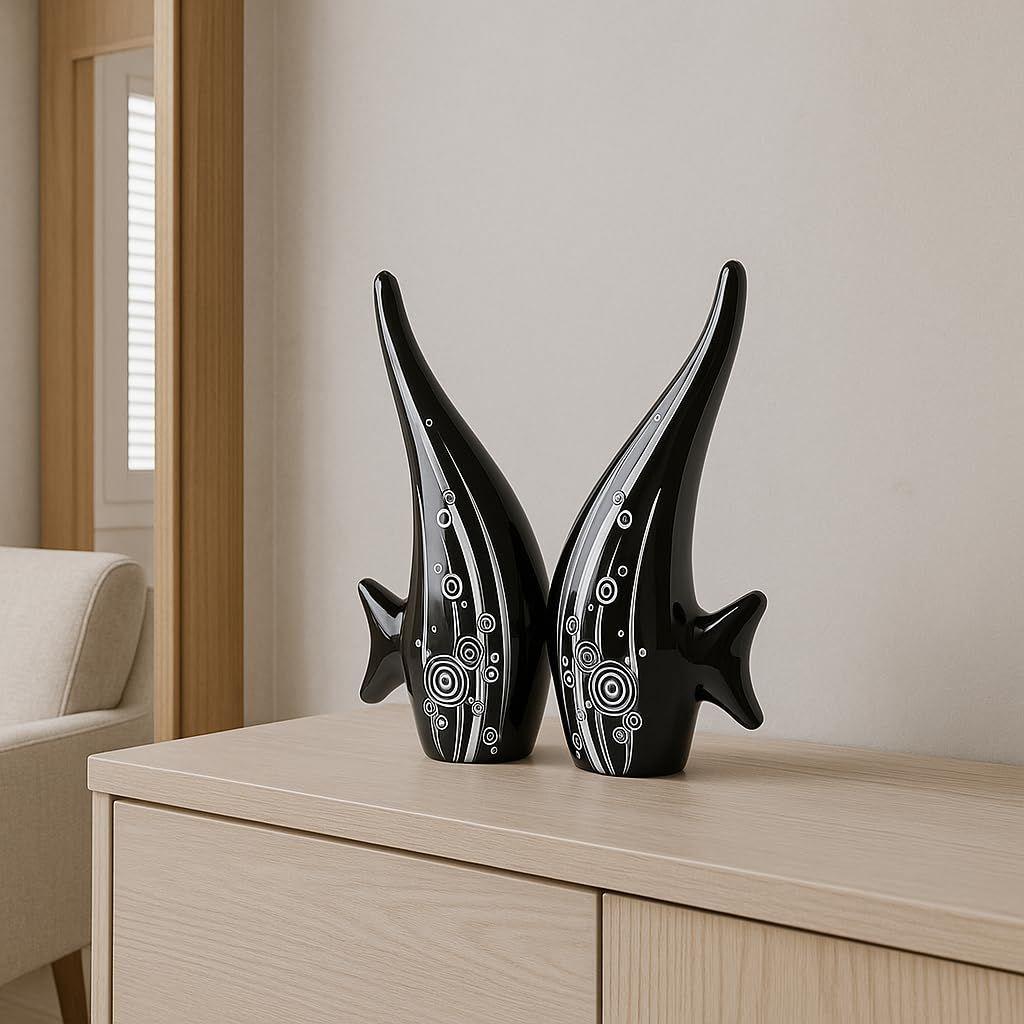 Modern Minimalist Black Bubble Fish Art Figure|Beautiful Home Decor-(Set of 2 Pc,Black)