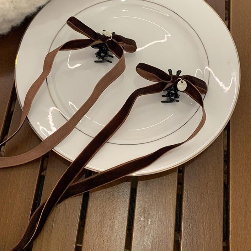 Vintage Long Ribbon Velvets Bowknot Hairband Side Clip Elegant Hairpins Fashion Hair Accessories Jewelry for Women Girls