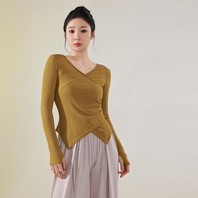 

Женский танцевальный топ с длинным рукавом и V-образным вырезом: Приталенный крой для фигурного катания, классики, китайского танца и экзаменов M