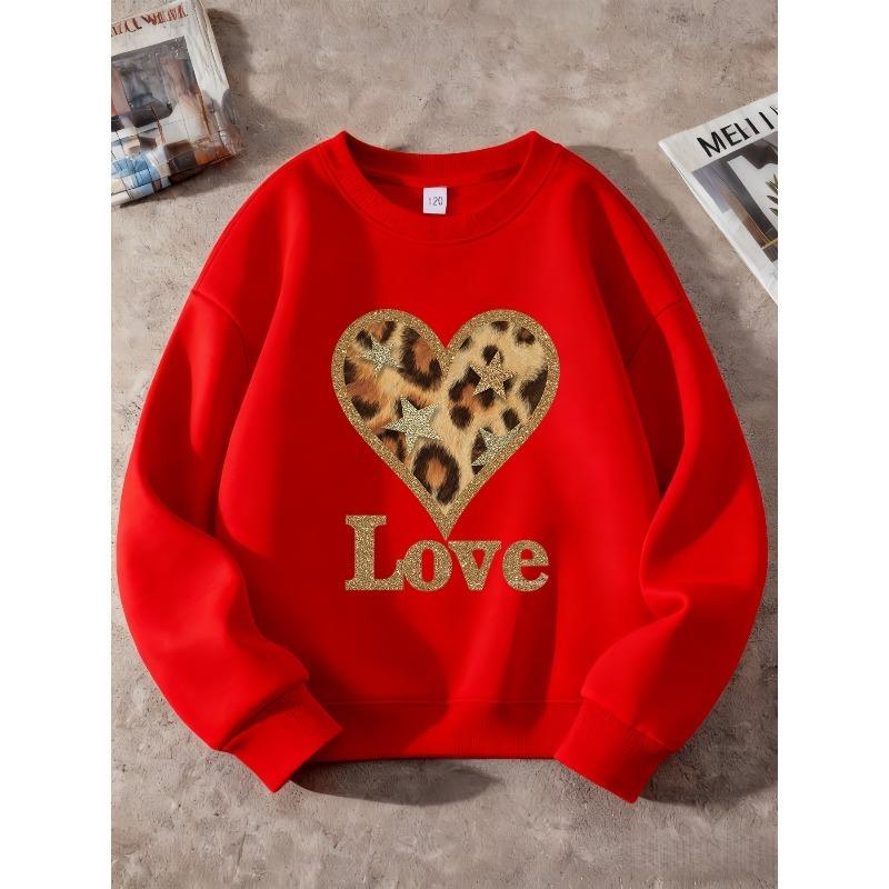 Kids Unisex Black Crewneck Sweatshirt, Glitter Leopard Heart Star Love Print Long Sleeve Pullover, Soft Sweatshirt for Boys Girls Over 4 Years Old