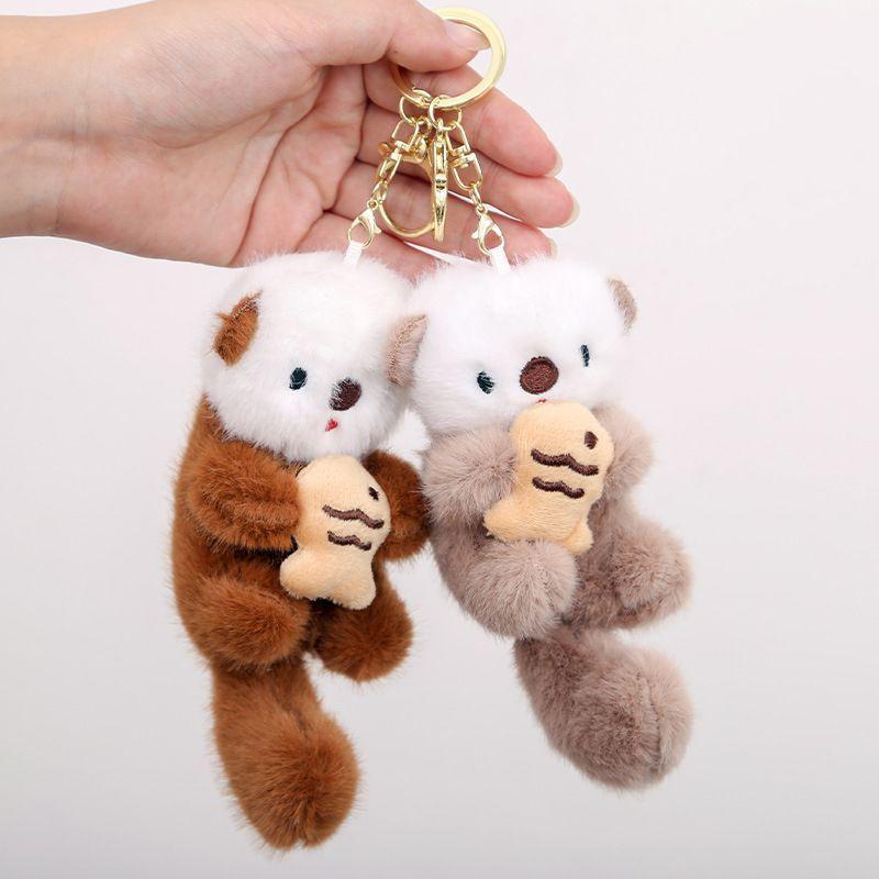 Cute Plush Otters Holding Fish Keychain  Backpack Animal Keyrings Bag Key Wallet Pendant Toy Girls Gift