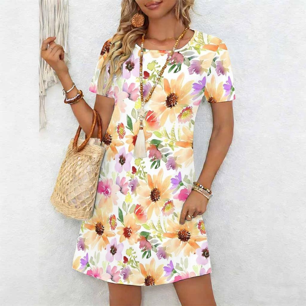 Women's Fashion Graceful Beautiful Flower Butterfly Print Summer Spring Short Sleeve O-Neck Casual Dresses
