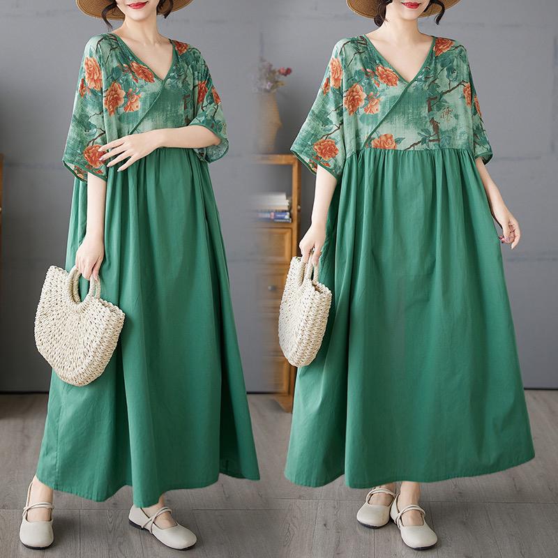 DIMANAF 2025 Plus Size Summer Women Basic Dress Vintage Floral Printing Casual Loose V-Neck Long Dress Maxi