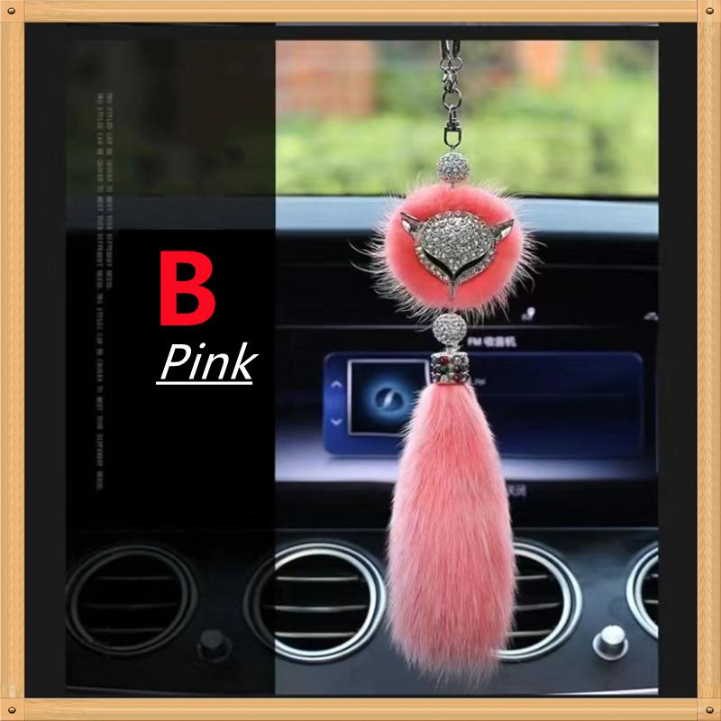 8 Colors Cute Fashion Diamond Fox Rear View Mirror Ornament Fur Bling Rhinestone Car Mirror Hanging Accessories for Girls Women