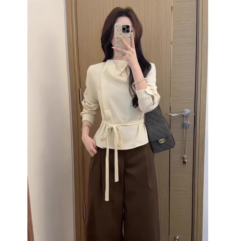 Original Fabric Asymmetrical Draped Collar Long Sleeve Women's Shirt with Diagonal Placket & Tie Waist in Apricot