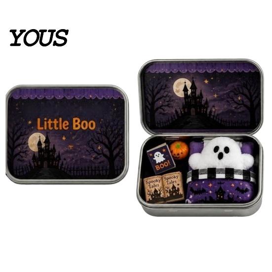 Kids Halloween Party Favor Mini Ghost Tin Box Set, Little Pocket Cute In A Box, Soft Plush Figurine Miniature Scene Spooky Desktop Decor, Gifts