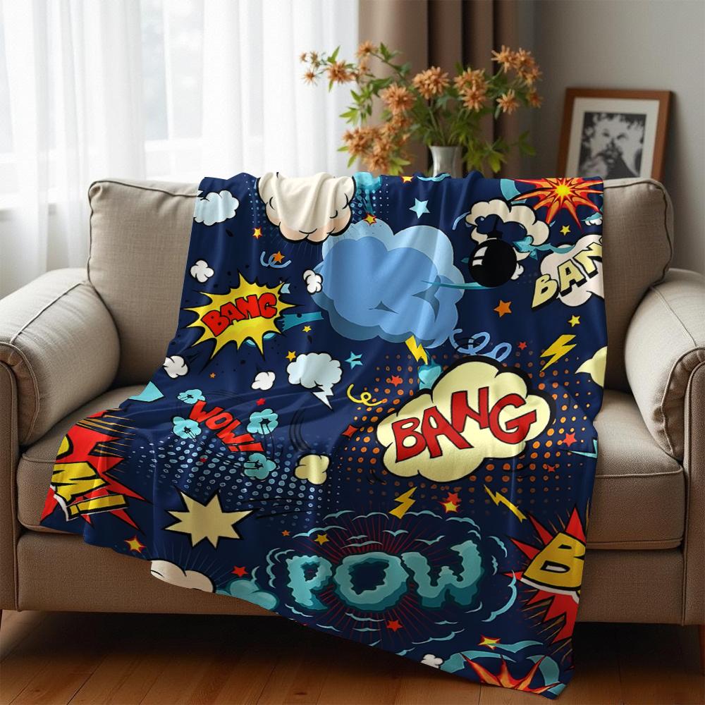 Retro Comic Boom Superhero Soft Flannel Blanket Breathable Warm Throw for Office Car Sofa Kids Room Birthday Xmas Gift