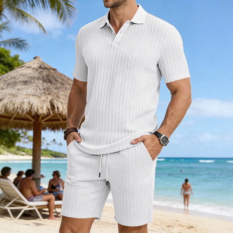 Mens Summer Casual Textured Polo Short Sleeve Shorts Set S