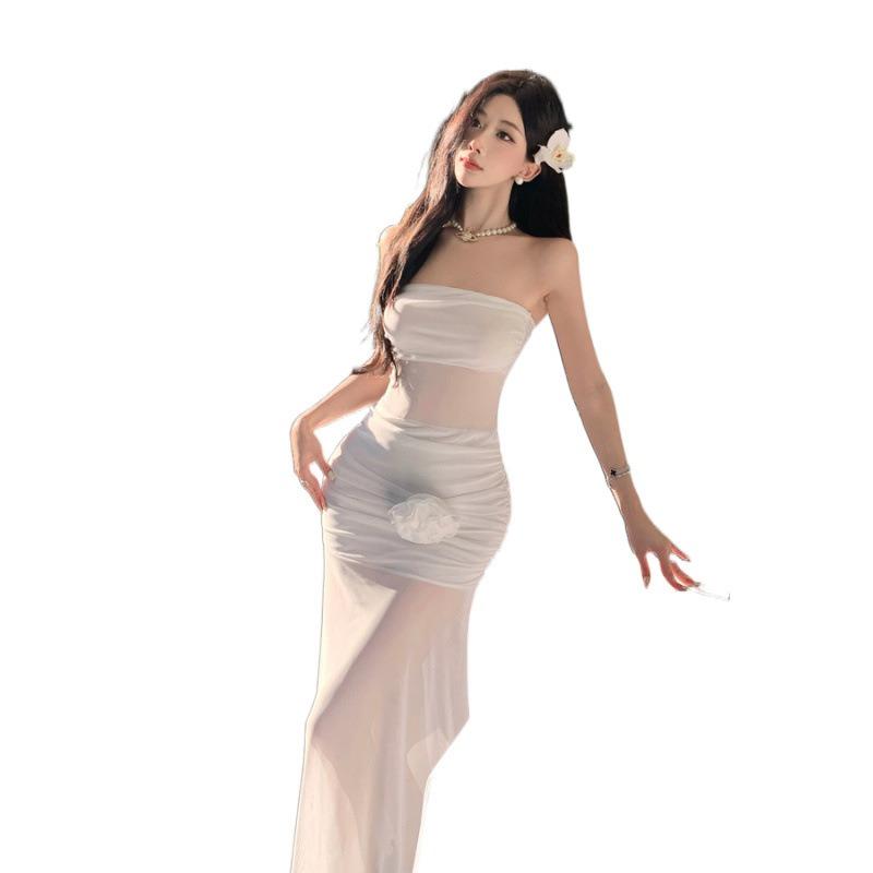 Seaside Vacation Pure Desire Sexy Perspective Mesh Flower Tube Top Dress Women's Design Sense Slim Temperament Long Dress