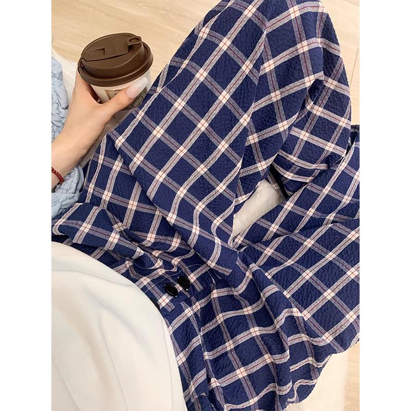 Women's Early Spring Blue Plaid Wide-Leg Floor-Length Pants