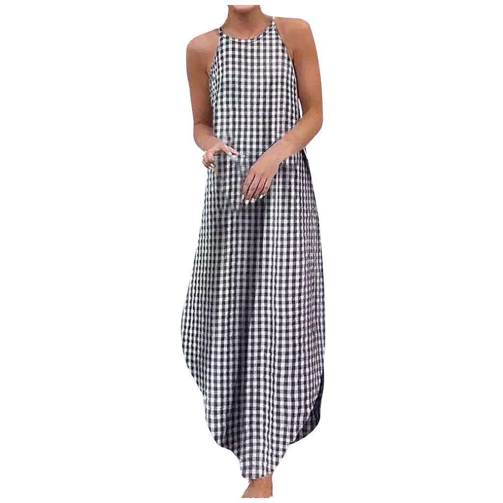 Women Casual Printed Round Neck Loose Long Dress Sleeveless Split Maxi Dress