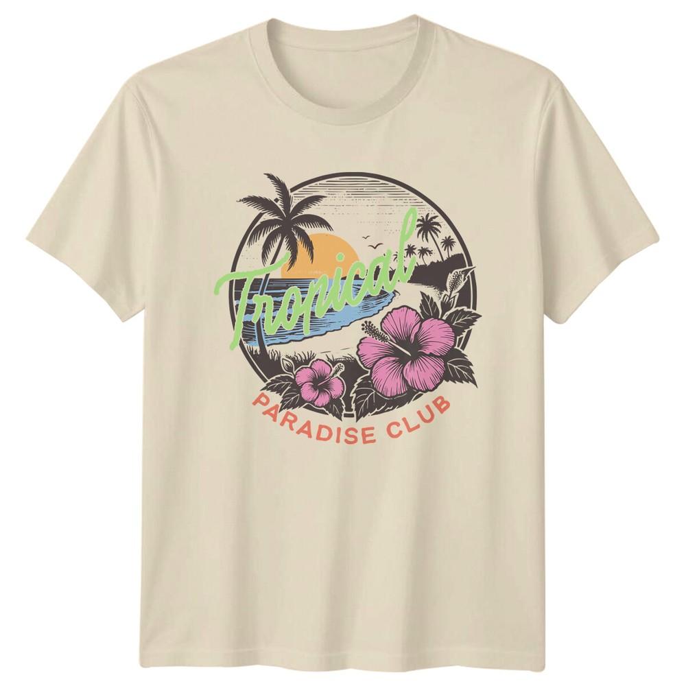 Tropical Paradise Club T-Shirt, Beach Palm Tree Hibiscus Flower Tee
