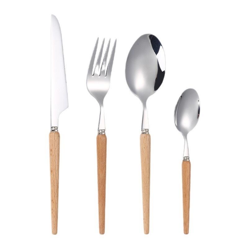Wooden handle stainless steel knife and fork spoon Western food steak knife 304 stainless steel tableware spoon Fruit dessert fork