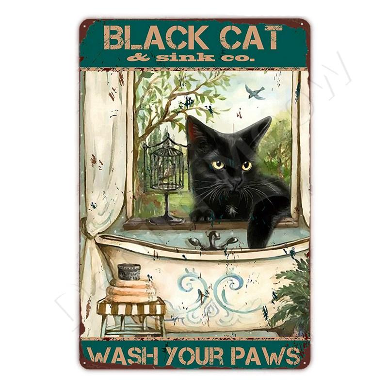 Funny Bathroom Quote Metal Tin Sign, Black Cat, Wash Your Paws, Poster for Home, Bathroom, Cafe, Wall Decor, Gift for Women