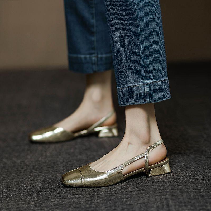 Francouzské léto 2025 nové čtvercové špičky mělké zadní vzduch silný nízký podpatek jeden pedál jednoduché boty plochá podrážka vaková hlava sandály ženy