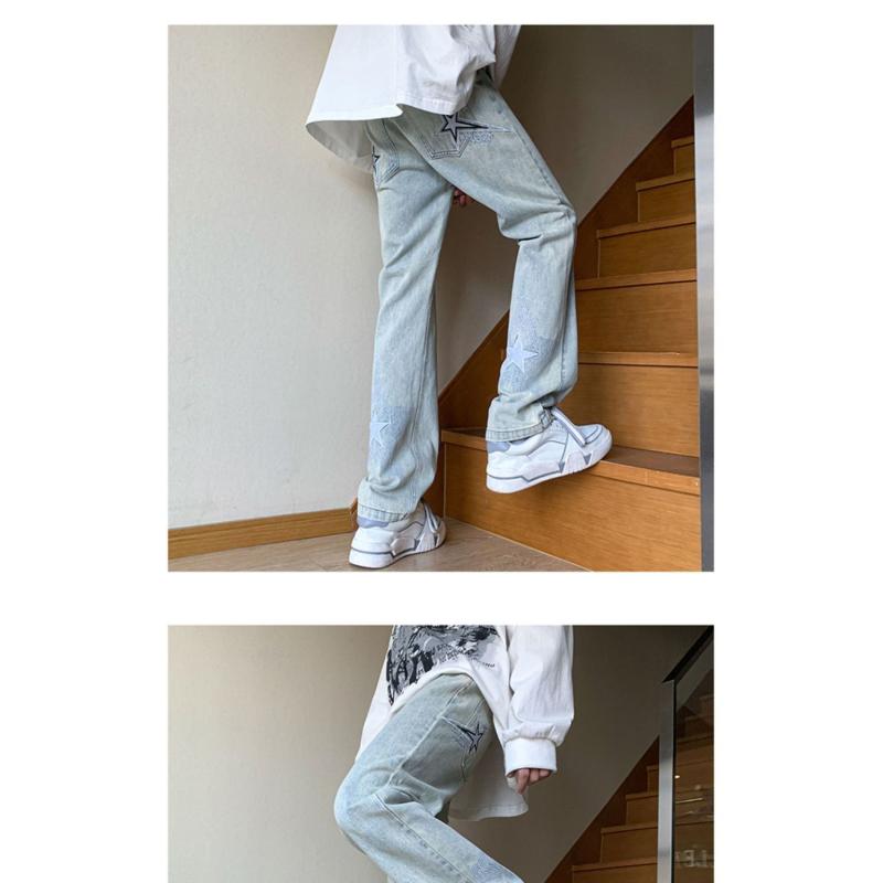 Calças estilo americano vibe high street bordado azul claro estrela jeans design masculino senso calças retas