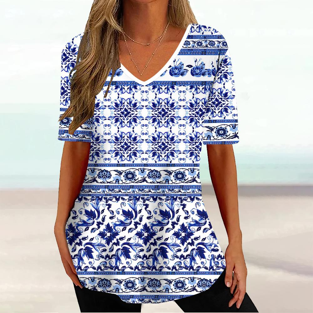 Harajuku Wind Ladies V-neck T-shirt Summer Outdoor Casual Short Sleeve Tops Retro Street Flower Print OverSize Women's Clothing