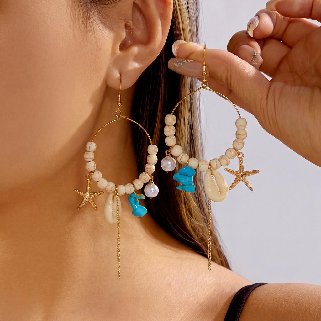 Boho Cowrie Shell Drop Earrings for Women Gold Color Beaded Hoop Tassel Dangle Earring Summer Beach Vacation Jewelry Accessories