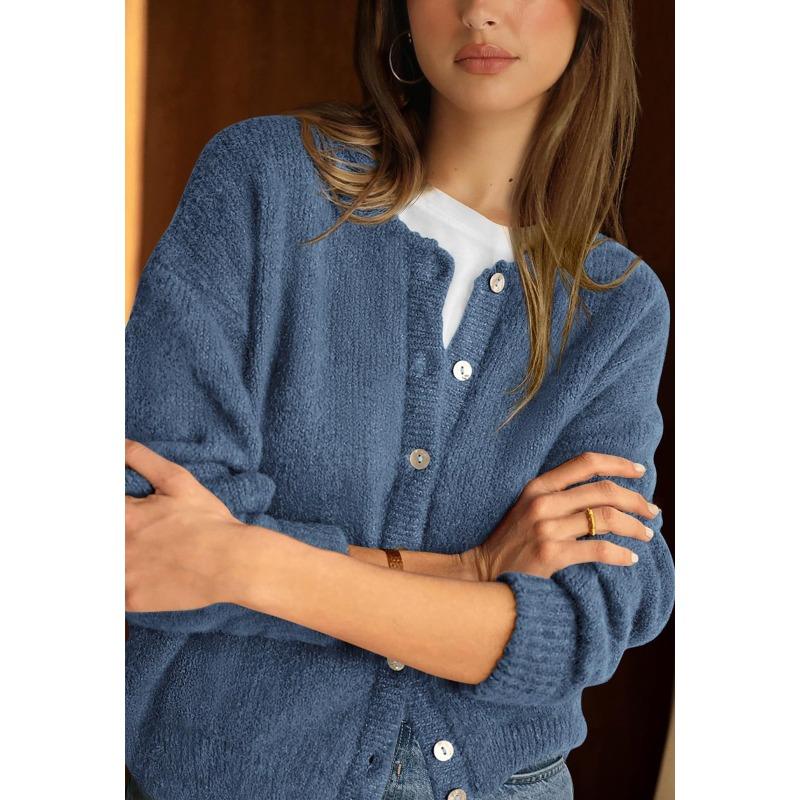 VEZFAA Moda feminina casual outono inverno cor sólida estampa manga comprida gola redonda suéteres