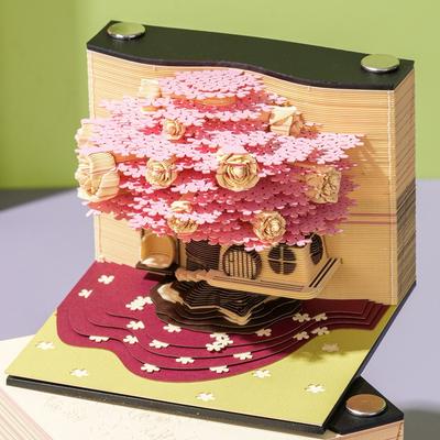 Escultura de Papel 3D Casa del Árbol de Rosas Bloc de Notas - Hecho a Mano Desprendible Bloc de Notas y Arte de Escritorio Regalo para Cumpleaños Decoración del Hogar