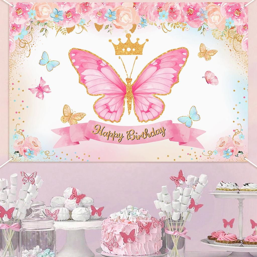 Butterfly Backdrop Butterfly Happy Birthday Party Decor Kids Girls Birthday Party Supplies Baby Shower Photography Background