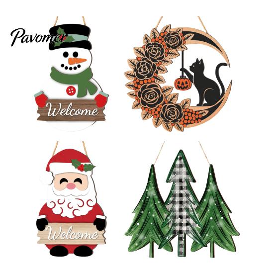Vintage Style Xmas Sign Christmas 2D Wooden Welcome Hanging Sign, Cartoon Santa Snowman Tree Winter Seasonal Home Ornament Door Hanger with Rope, Wall