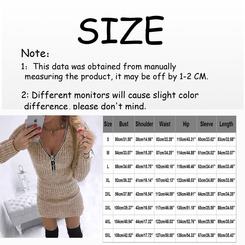 Ladies Casual  Color Woolen Skirt Zipper Waist Long Sleeve Knitted Hip Dress