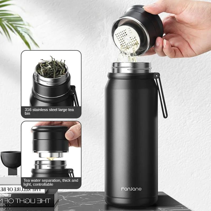 FANJANE Large Capacity Insulated Cup Coffee Tea Thermos Bottle for Men Female Tea Infuser Water Separation Outdoor Water Cup