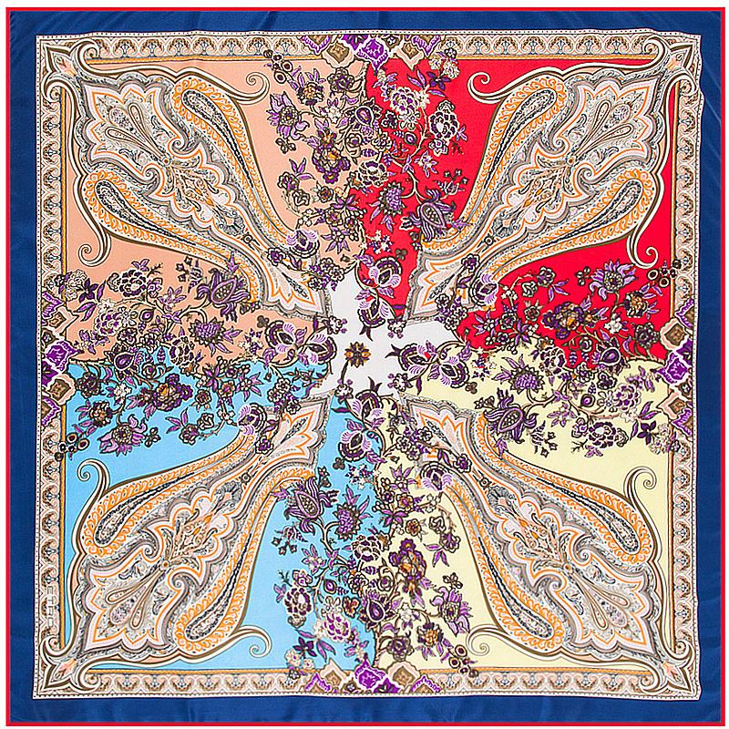 POBING Silk Scarf Women Square Scarves Wraps Cashew Floral Print Neckerchief Female Foulards Silk Hijabs Lady Bufandas 100x100CM