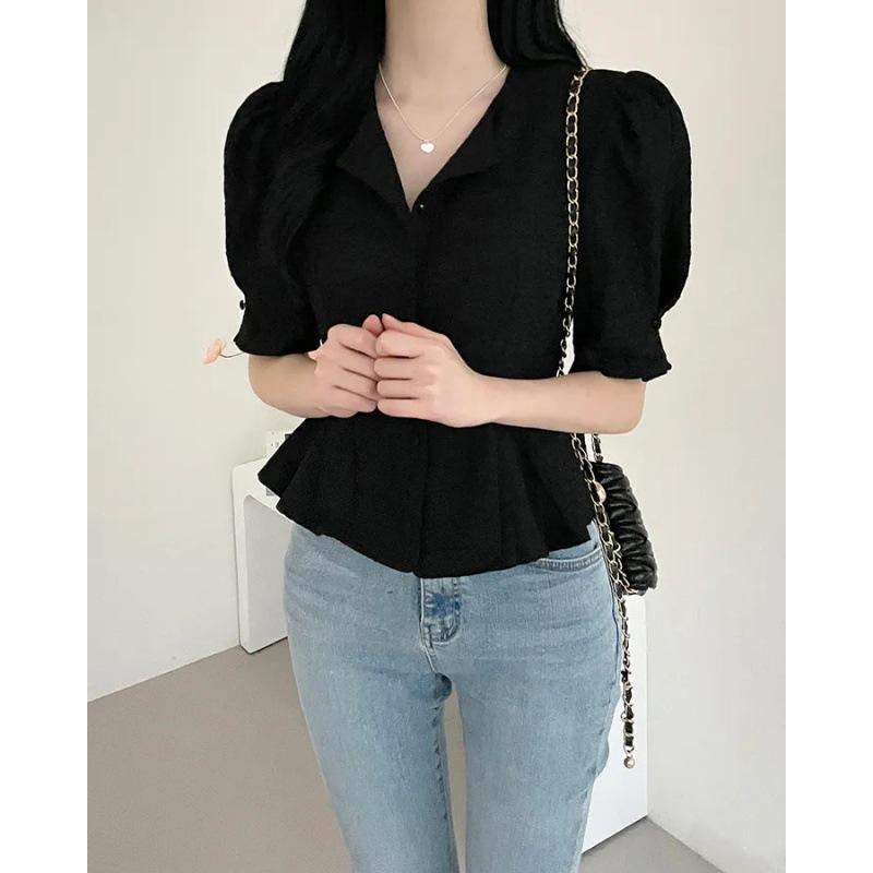 

Ретро Топ с жакардовым узором «Темная роза», рукавами-буфами и оборками Medium чёрный