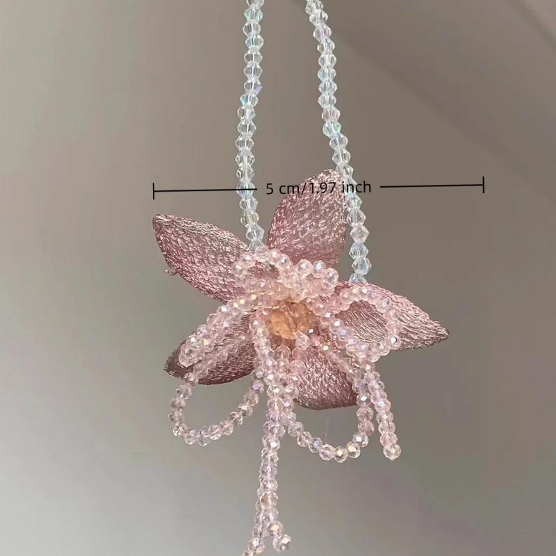 Pink Crystal Flower Necklace Cute Handmade Beaded Chain Choker Adjustable for Women Christmas Halloween Party Accessory