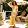 Breathable Beachwear Summer Women Striped Long Dress, Off Shoulder Sleeve Casual Lightweight Dress Ankle Length Loose Swing with Side Pocket Outfit