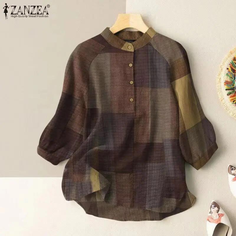 Cotton and Linen Five-quarter Sleeve Shirt for Women Contrasting Color Top Loose Shirt Spring and Summer Pure Cotton Shirt