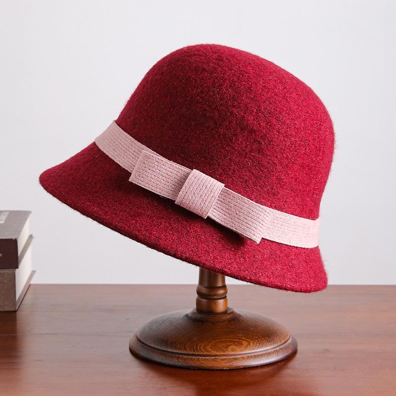 Vintage and Elegant 100% Wool Bow Top Hat for Women's Autumn and Winter New High-quality Warm Fisherman Hat Basin Hat