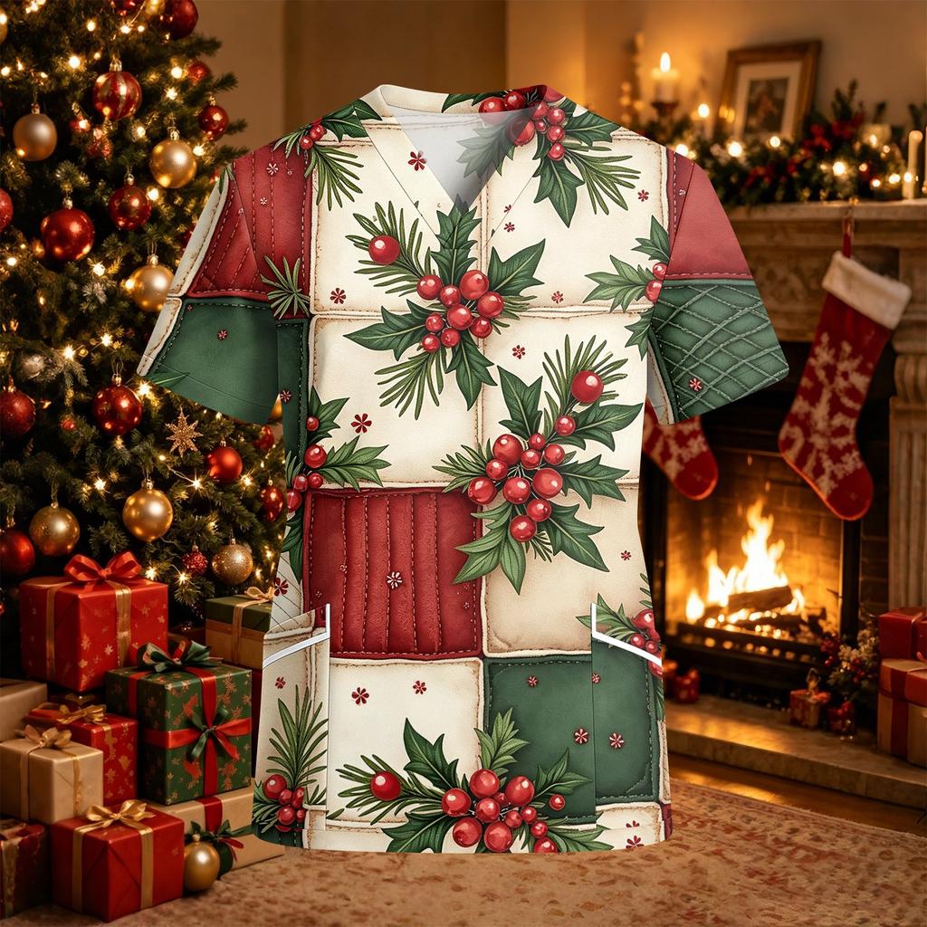 Women's Christmas Print Scrub Top V-Neck Short Sleeve Loose Fit with Pockets