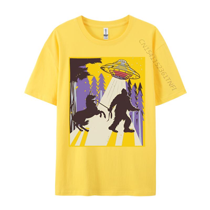 Men Clothing Bigfoot Leading A Unicorn And Ufo Tshirts Vintage Animal Tshirt Printed Tshirt Tops Tees