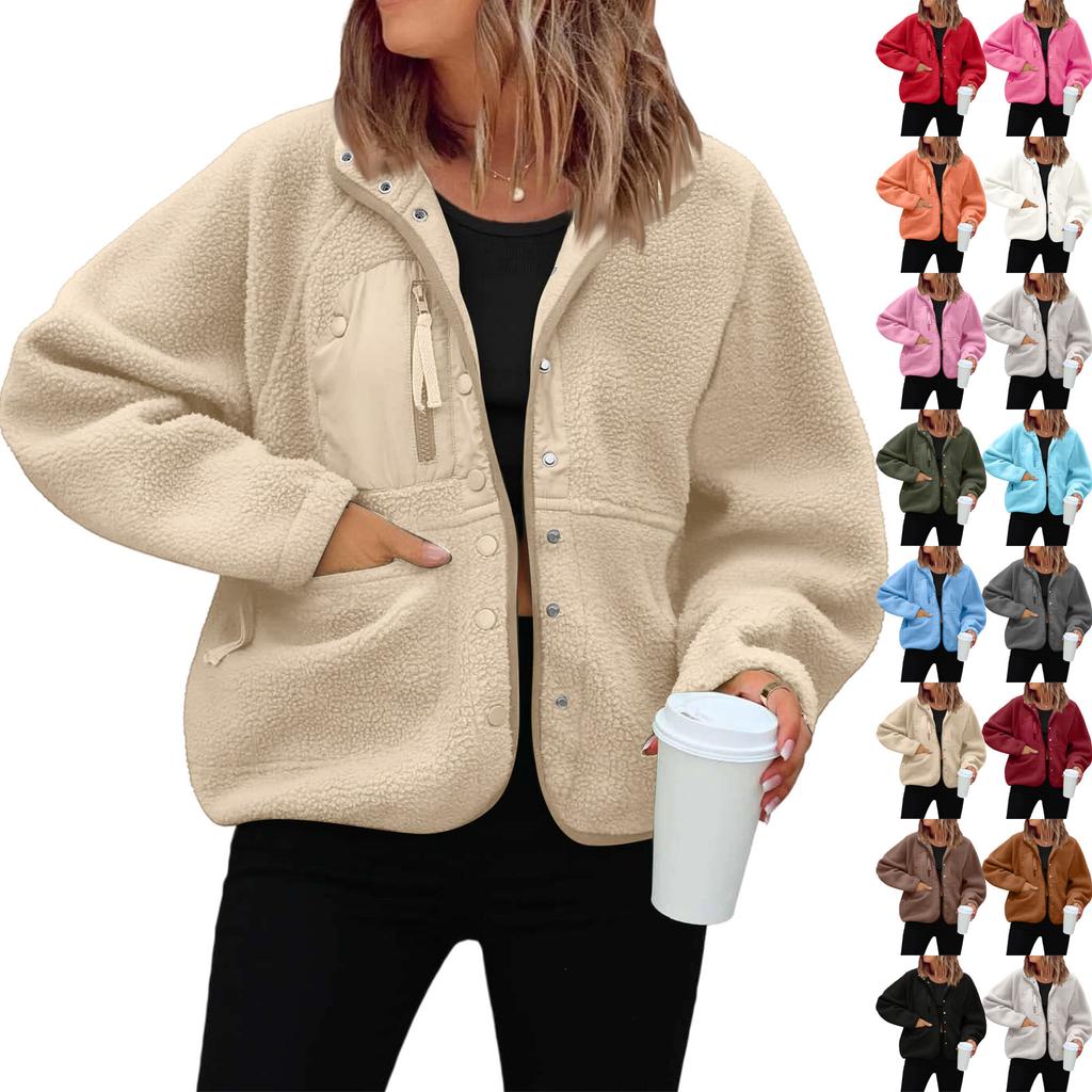 Women's Fashion Casual Stacked Lapel Single Button Fleece Sports Sweatshirt Jacket Outerwear