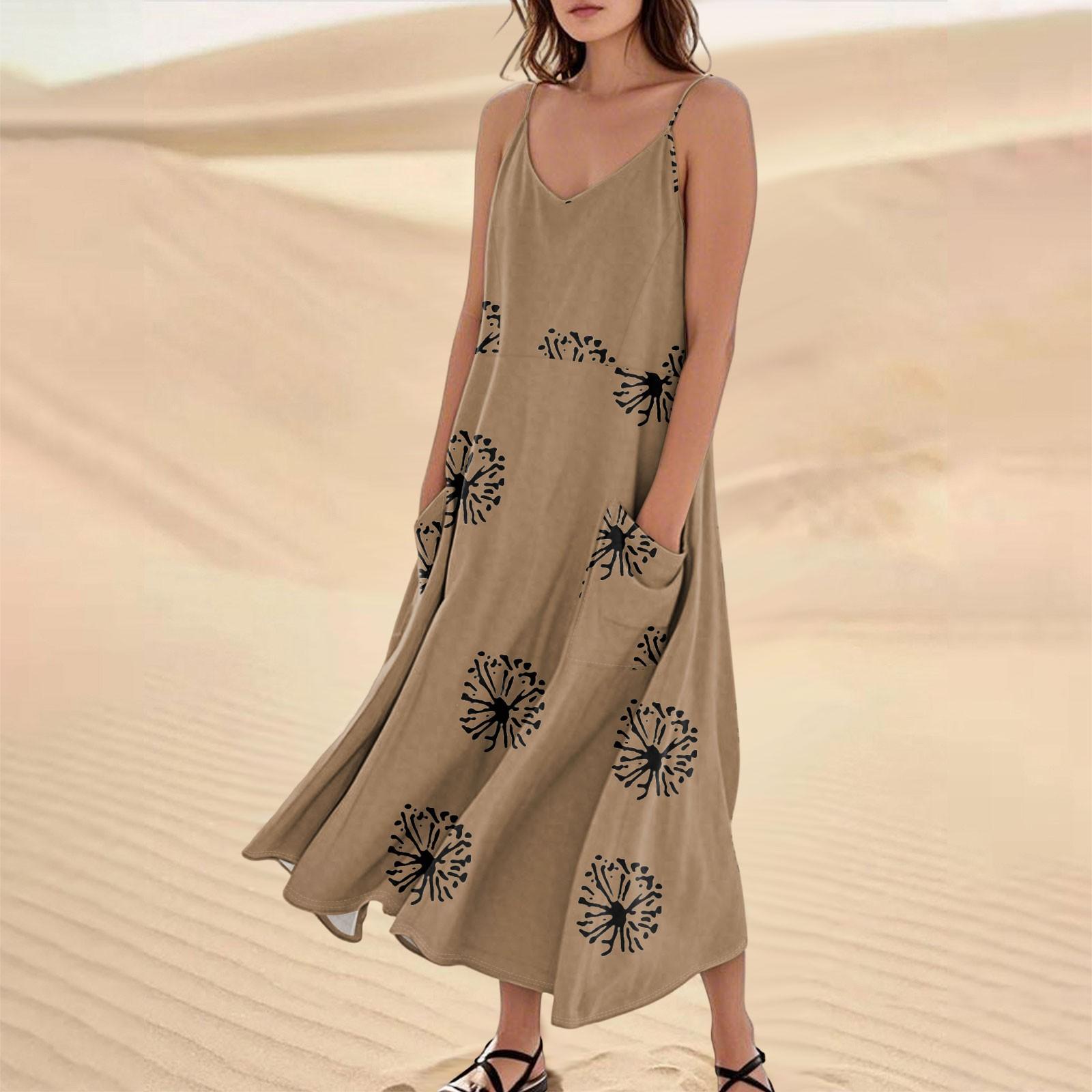 

Женское повседневное платье на бретелях с V-образным вырезом, принтом в горошек, без рукавов и с карманом XL коричневый