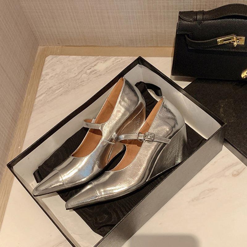 Corner Paris~ pointed wedge heel Mary Jane light mouth one-word buckle belt temperament silver high heel versatile single shoes women