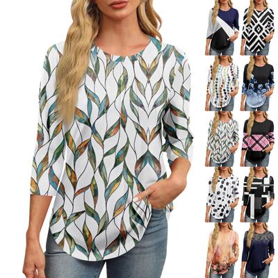 Women's Fashionable Round Neck 3/4 Sleeve Printed Casual Basic Pleated Pullover T-shirt Top