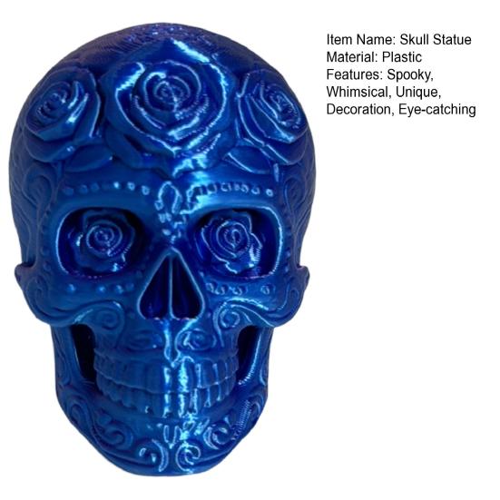 Rose Skull Figurine Day of The Dead Plastic Floral Skull Statue Collectible Human Head Sculpture for Halloween Home Desktop Decor