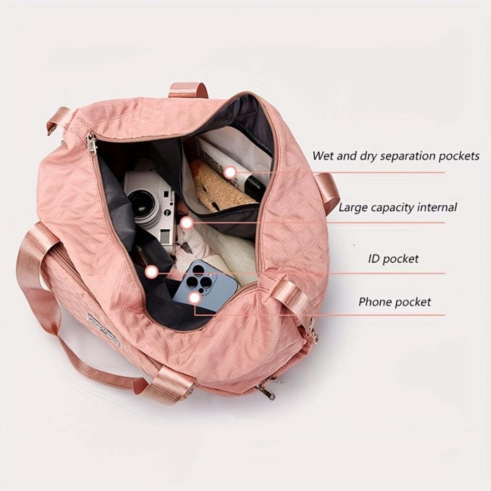 Large Capacity Foldable Travel Bag with Wet/Dry Separation, Diamond Quilted Nylon Tote for Gym, Yoga and Ladies Shoulder Bag - Hand Washable