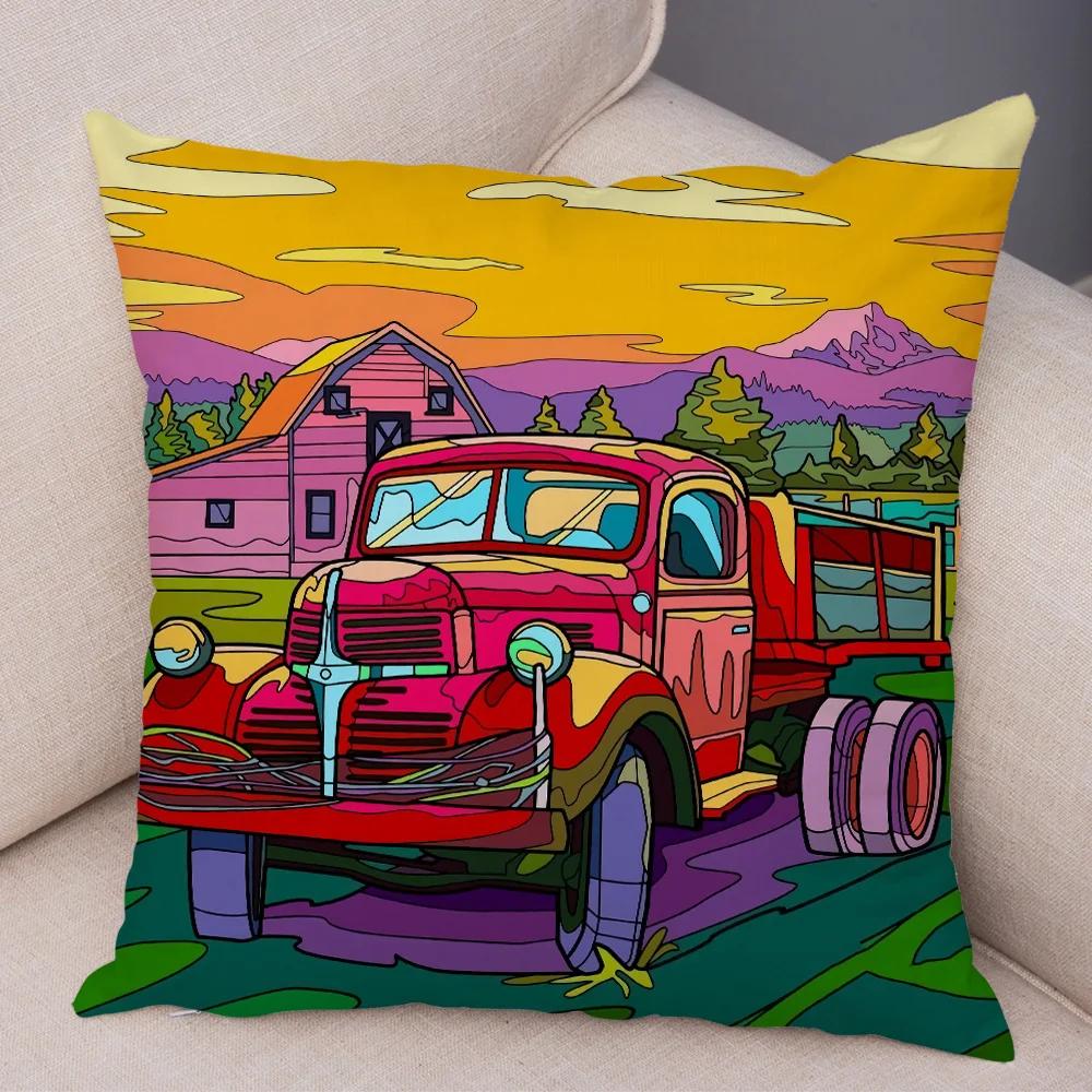 Both Sides Pillow Case Decor Happy Camper Cartoon House Travel Car Cushion Cover for Sofa Home Super Soft Plush Pillowcase